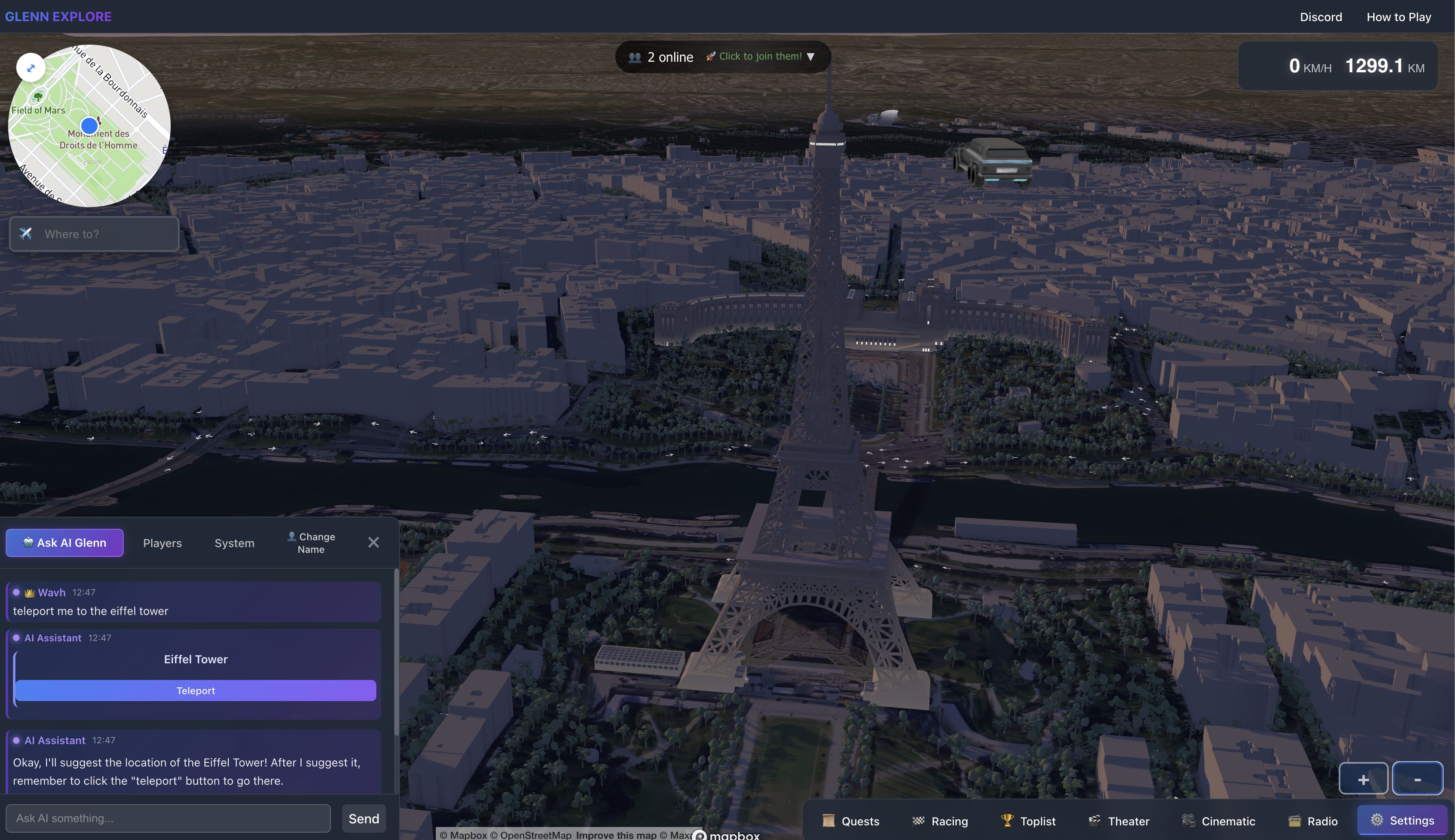 Eiffel Tower at sunset in Glenn Explore virtual world